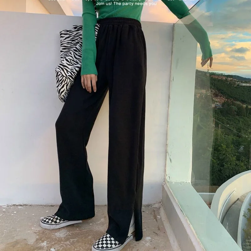 Women Casual Pants Plus Velvet High Waist Wide Leg Trousers Female Warm Baggy All-match Korean Style Chic Trendy Simple Harajuku