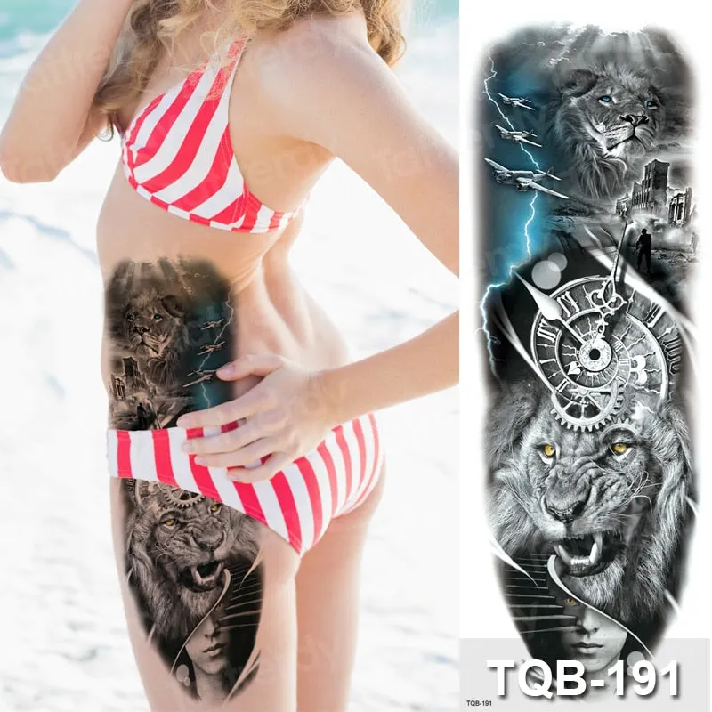 temporary tatoo men large waterproof temporary arm sleeve tattoo black robot mechanical tattoos tribal lion head king fox design