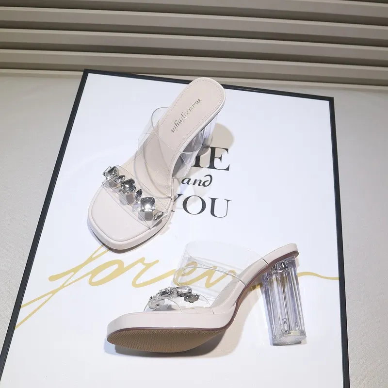 Breakj Breakj Slippers Women Wearing Fashion Fairy French Transparent High Heels Coarse Sandals Niche High-Grade Cool Drag