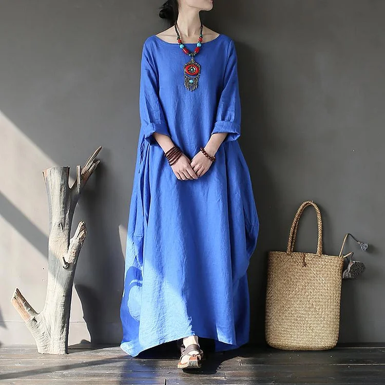 Art o neck linen asymmetric Long Shirts Fabrics blue Dress