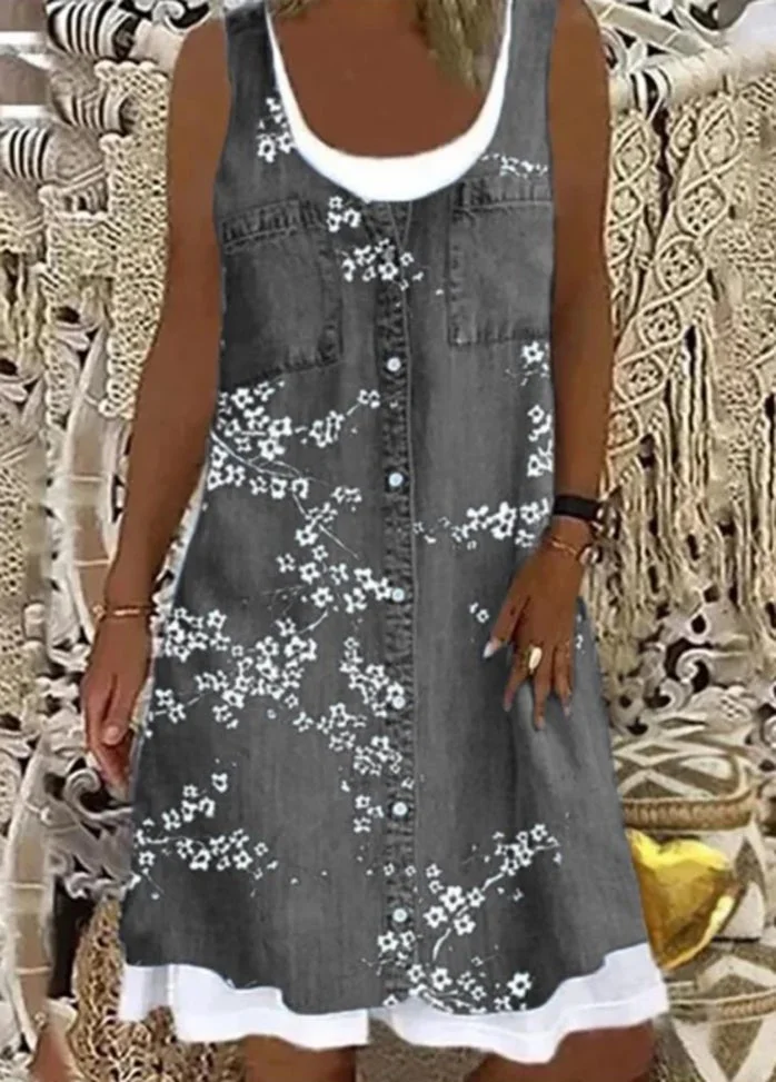 Printed Round Neck Sleeveless Dress