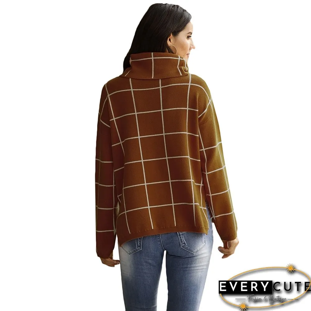 Rust Red Plaid Print Turndown Collar Pullover