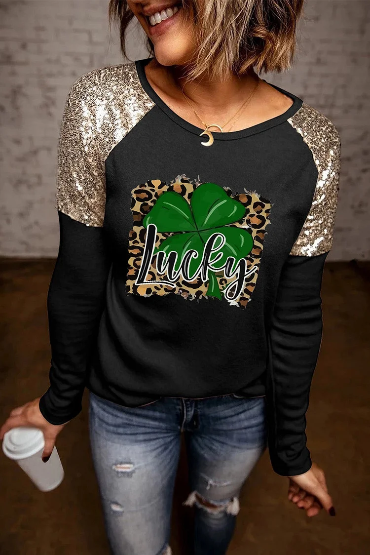 Sequin Shoulder Leopard Lucky Clover Long Sleeve Top-elleschic