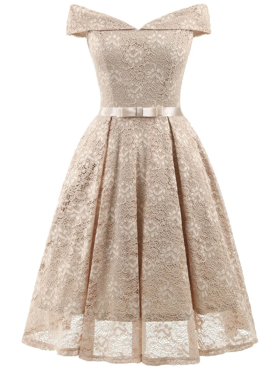 1950s Solid Color Elegant Lace With Bow Dress