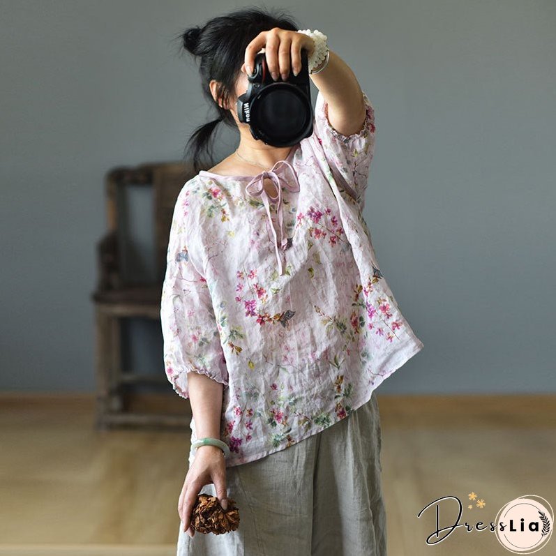 Linen Floral Print Spring Summer Shirt Short Sleeve