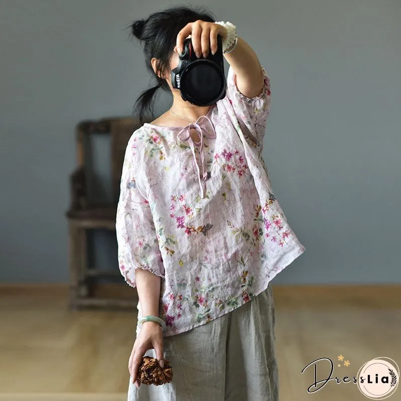 Linen Floral Print Spring Summer Shirt Short Sleeve
