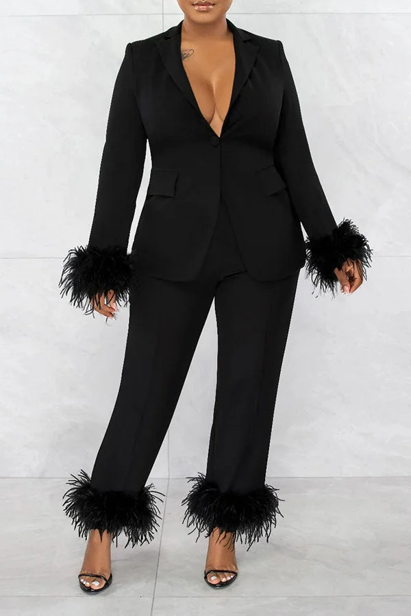 Solid Color Glamorous Feather Trim Office Pant Suit