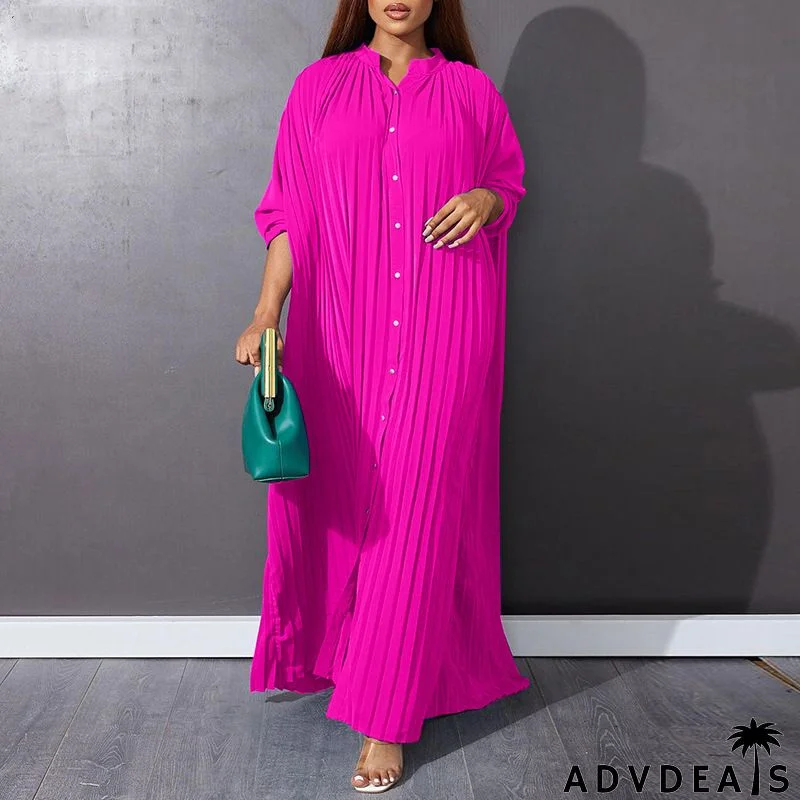 Women Fashion Plus Size Solid Color Loose Casual Creased Maxi Dress