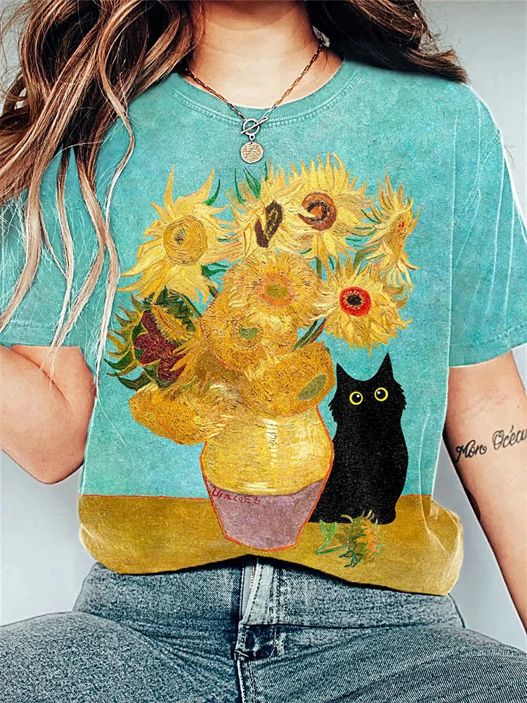 Sunflowers Art Painting Black Cat Print Cotton Cozy T-Shirt