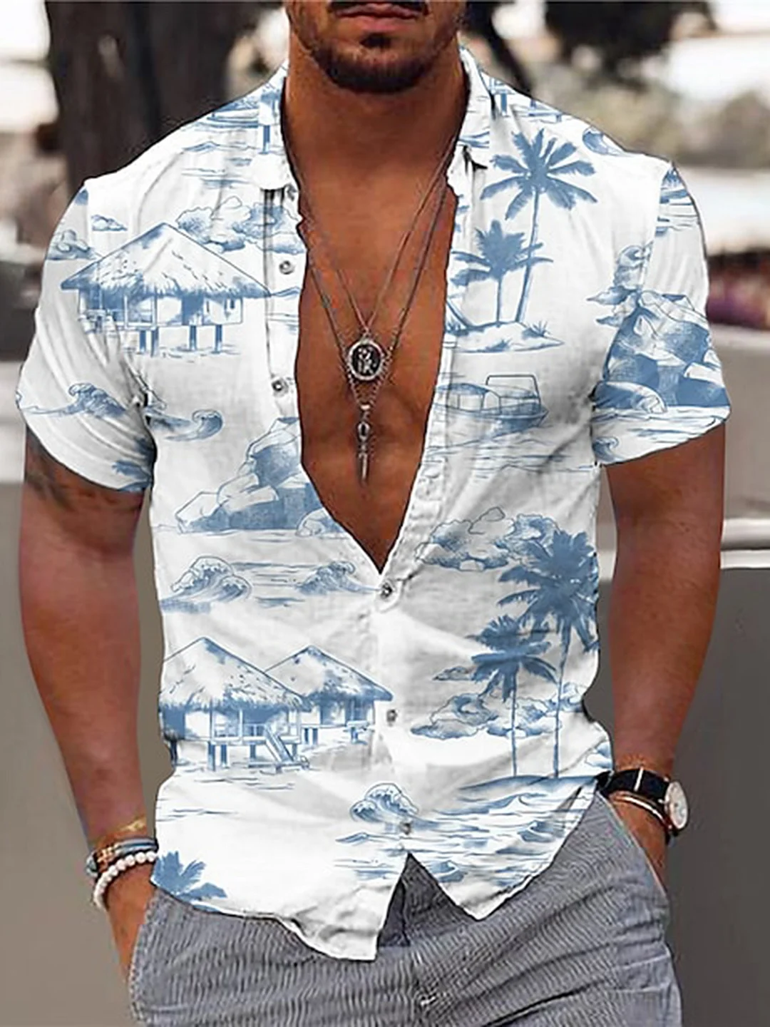 Men's Seaside Hawaiian Landscape Palm Tree Print Short Sleeve Shirt