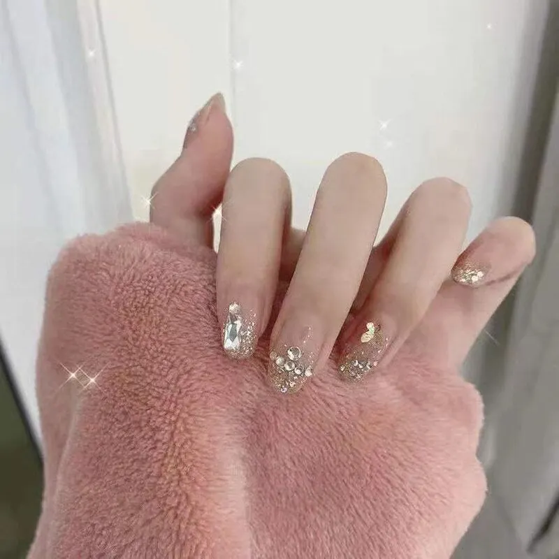 24PCS Fake Nail Exqusite Pearl Decor Girls Mid Length Coffin Ballet Press On Nails Full Cover Fake Nail Long Paragraph Fake Nail-Nail Inspo