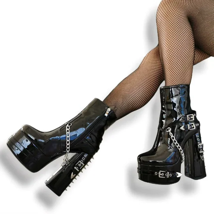 Punk Babe Halloween Studded Black Y2K Gothic Chunky Heeled Ankle Boots Vdcoo