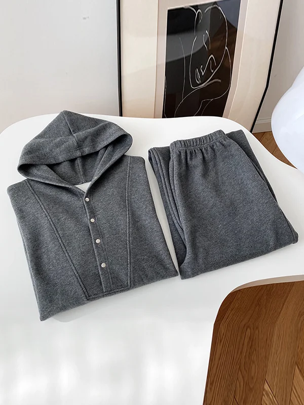 Loose Long Sleeves Split-Joint Hoodies + Elasticity Solid Color Pants Trousers Two Pieces Set