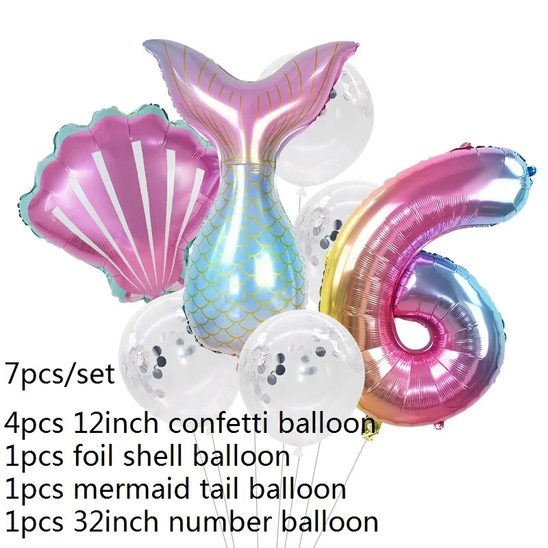 7pcs Mermaid Party Balloons 0 1 2 3 4 5 6 7 8 9 Number Foil Balloon Kids Birthday Party Decorations Baby Shower Helium Globos