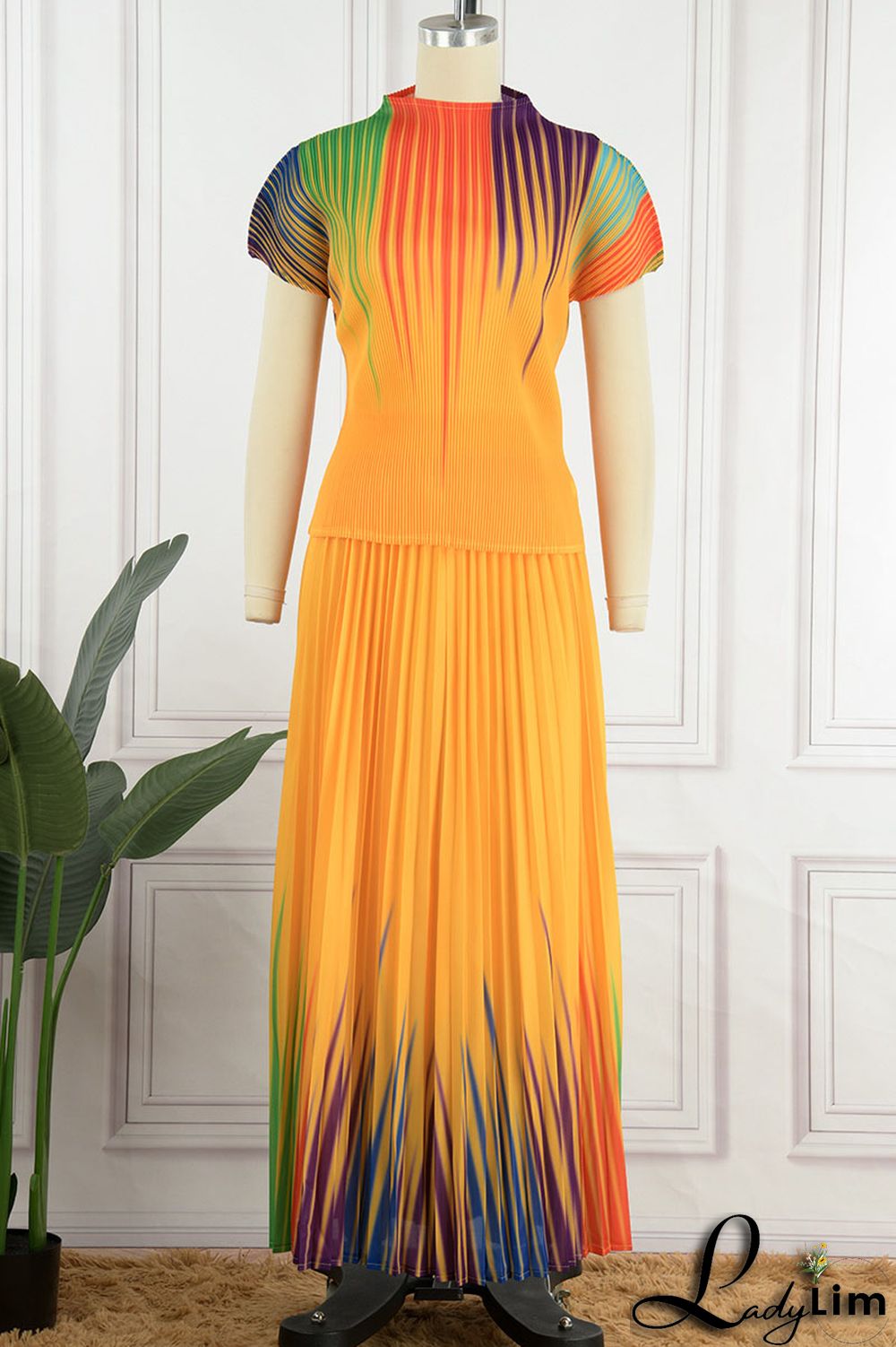 Apricot Casual Elegant Gradual Change Print Patchwork Fold O Neck Short Sleeve Two Pieces