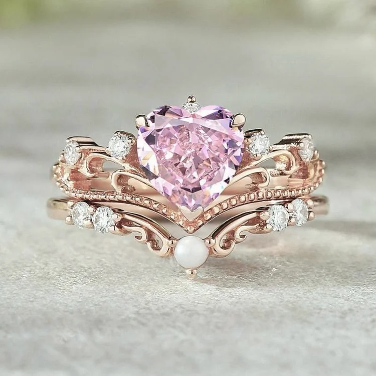 FREE Today: Fairy Love - Heart Shaped Pink Zircon 2 Pcs Crown Ring Set