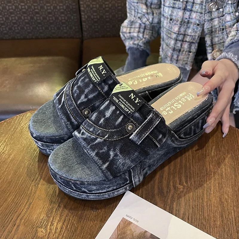 Yyvonne Slippers Women In Spring And Summer Wear New Trendy Shoes Fashion Thick-Soled Sandals One-Word Drag Cowboy Letter Cool Slippers