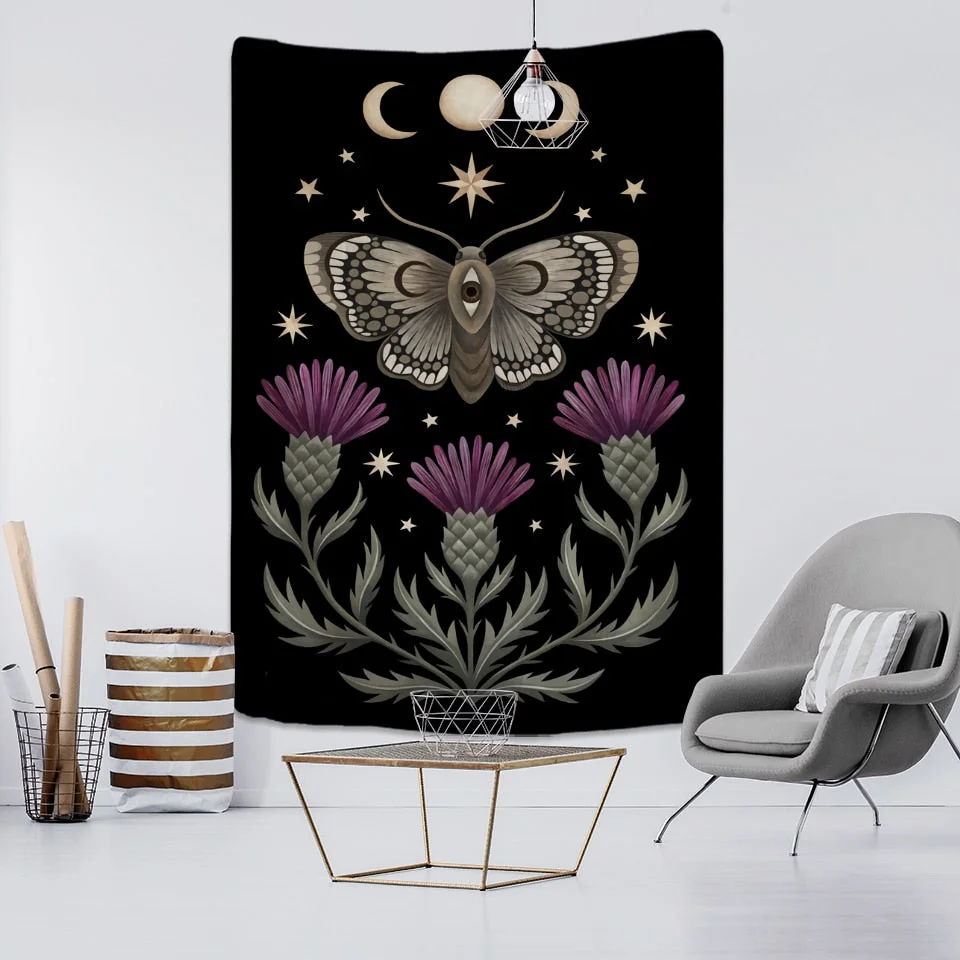 Bohemian Moon Phase Flower Tapestry Wall Hanging Hippie Mandala Butterfly Art Witchcraft Home Room Decor