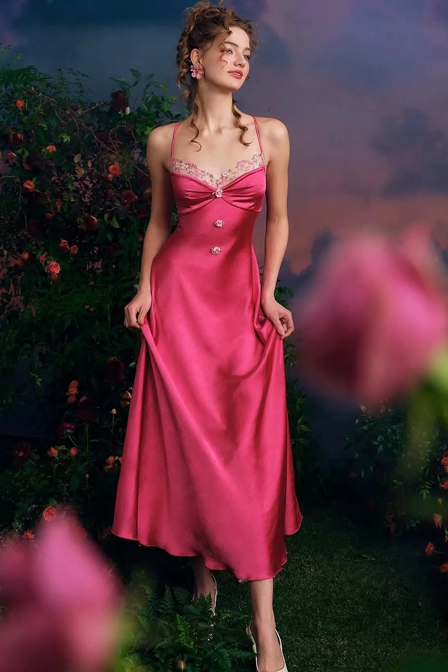Miabel Beautiful Fuchsia Satin Halter Sweetheart Sleeveless Prom Dress with Applique  