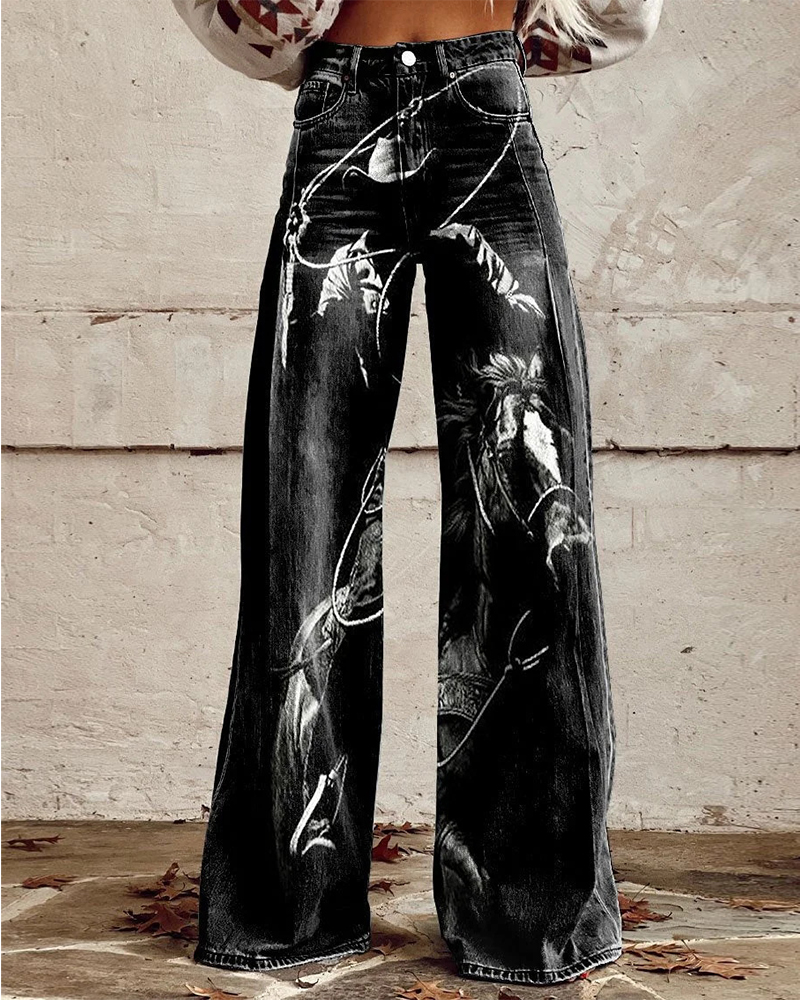 Vintage Wild Cowboy Art Print Casual Wide Leg Pants