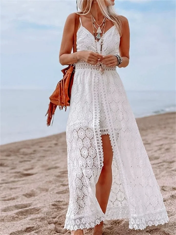 Solid Color Cutout Irregular Lace V-neck Dress