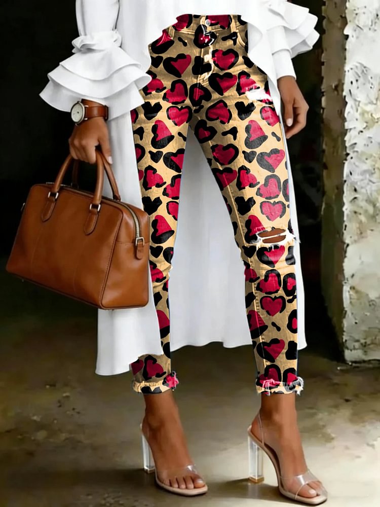 Women's Vintage Multicolor Leopard Love Print Casual High-waisted Ripped Skinny Jeans