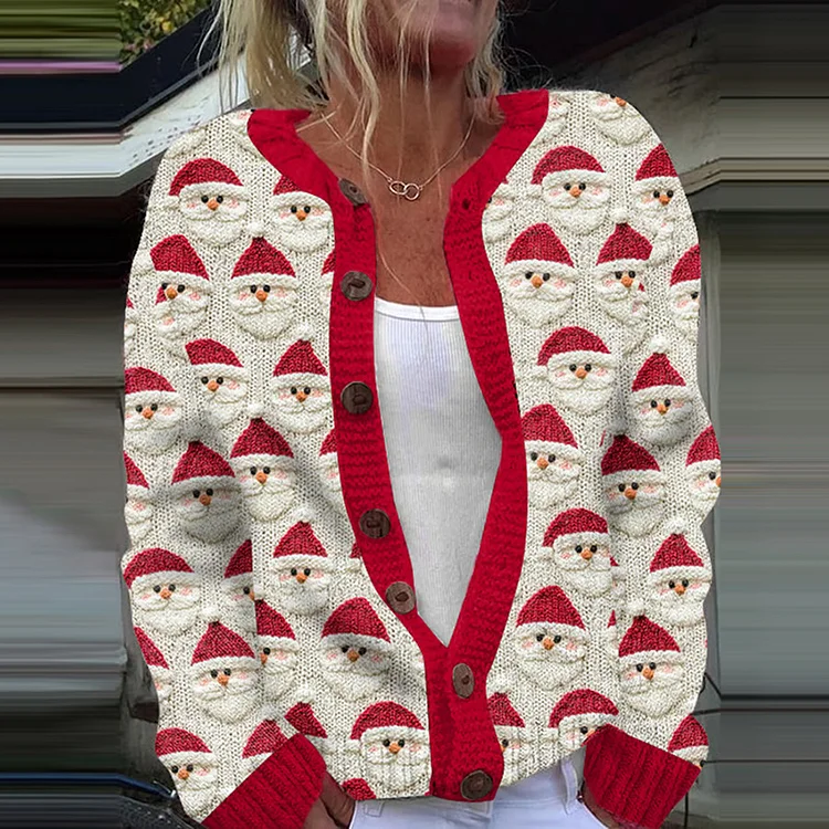 Christmas Santa Claus Print Casual Knitted Cardigan