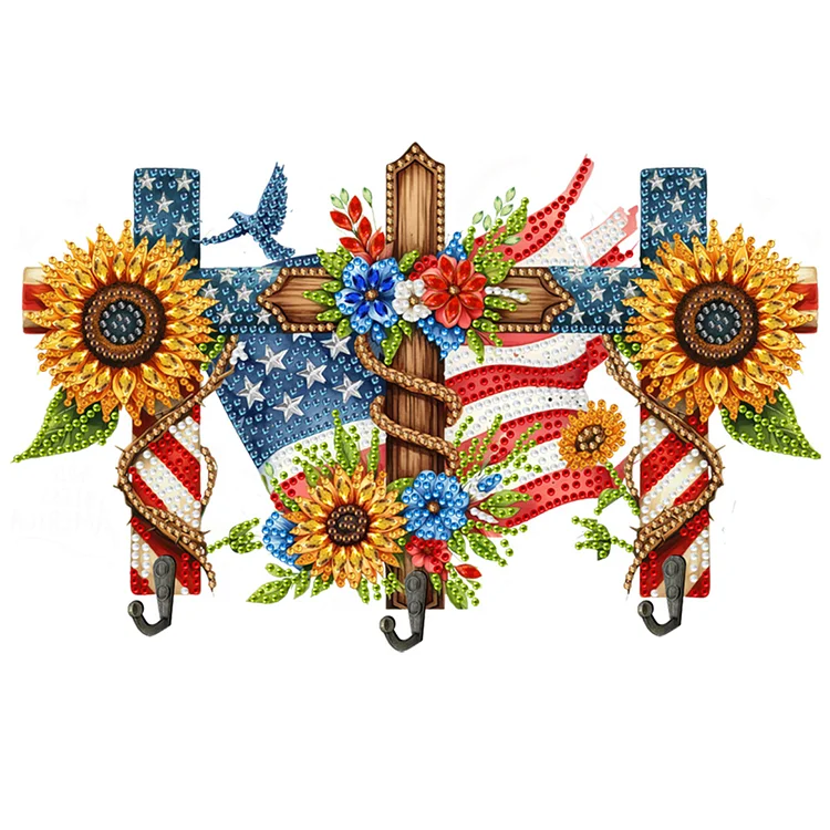Wooden Independence Day Flag & Sunflower Diamond Painting Hook for Home Decor gbfke