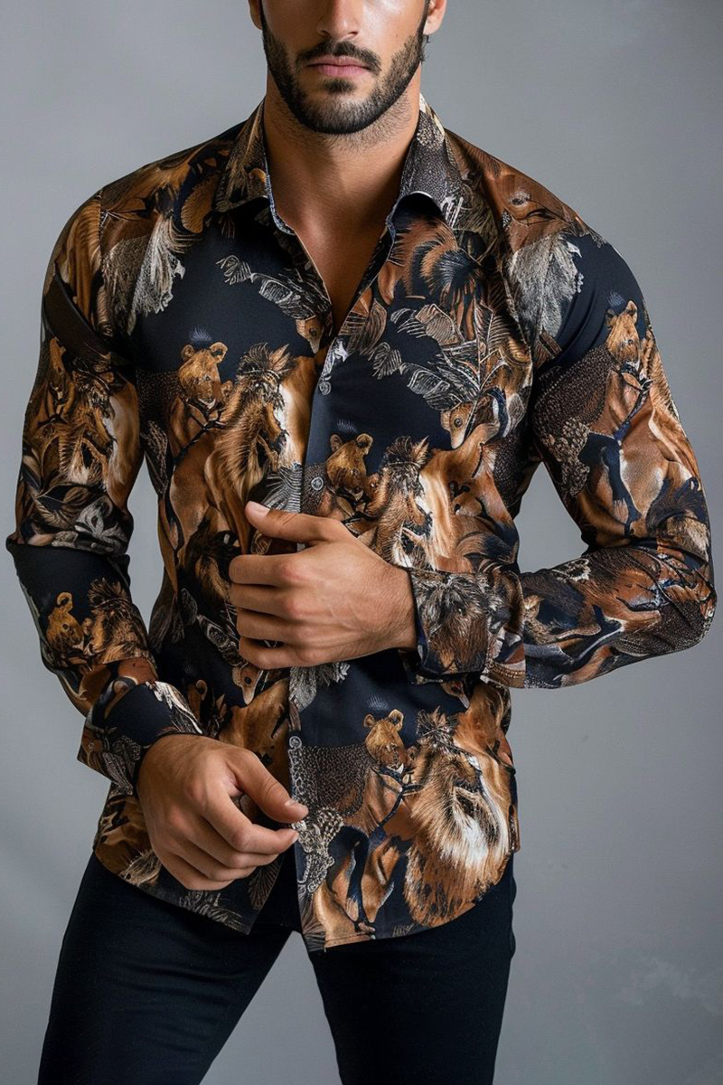 Leopard Art Graphic Print Long Sleeve Slim-Fit Shirt [Pre-Order]