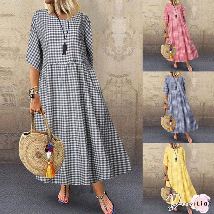 Elegant Lapel High Waist Ladies Cotton Linen Dress Fashion Commuter Plaid Print Tie-Up