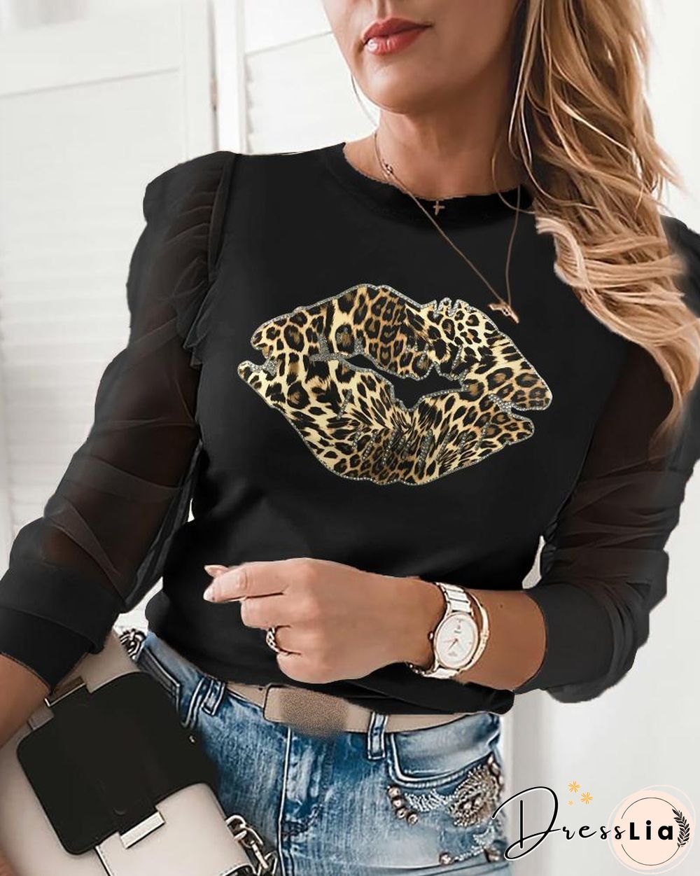 Sheer Mesh Cheetah Lip Print Puffed Sleeve Top P14713