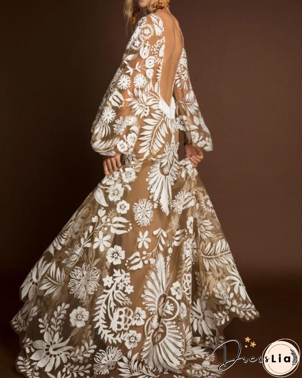 Lace Floral Embroidery Backless Loose Puff Sleeve Maxi Dress P12971