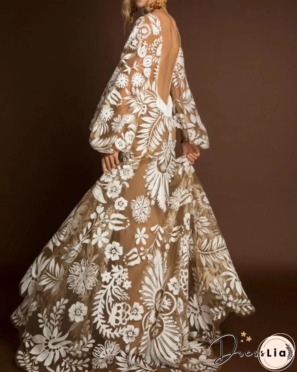 Lace Floral Embroidery Backless Loose Puff Sleeve Maxi Dress P12971