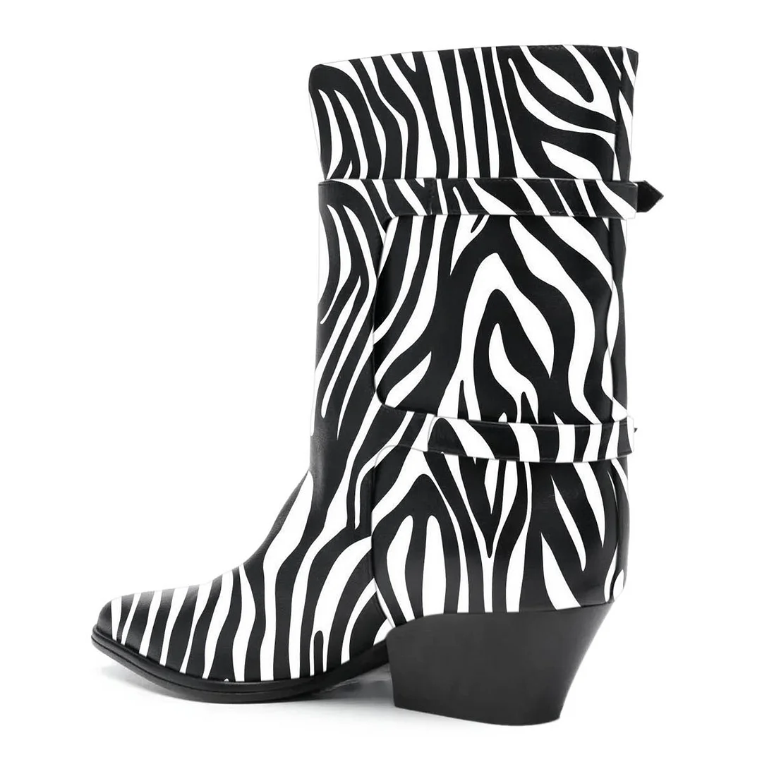 Black & White Pointed Toe Double Buckle Zebra Print Short Booties