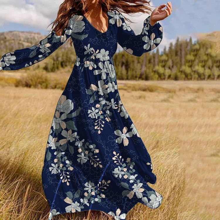 Women's Blue Floral Print Bohemian Long Sleeve Dress socialshop