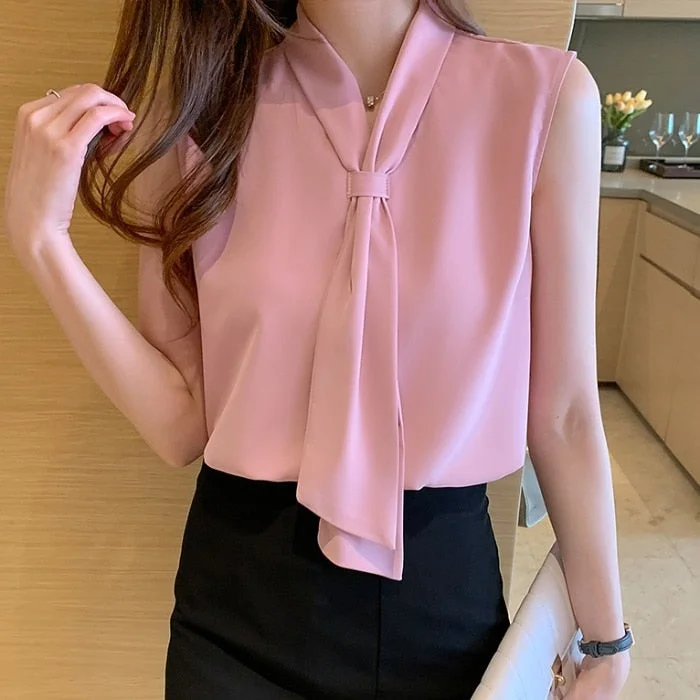 Blouses Summer Sleeveless Tops Women Blouse Women Blusas Mujer De Moda 2021 Verano Bow V-Neck Pink Chiffon Blouse Shirt E774