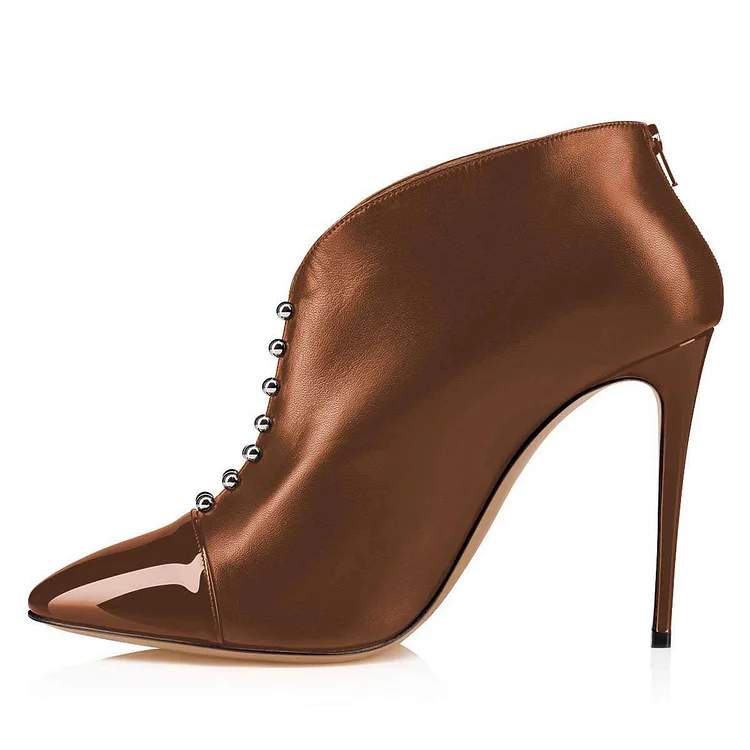 Brown Pointy Toe Studs Stiletto Heel Ankle Boots |FSJ Shoes
