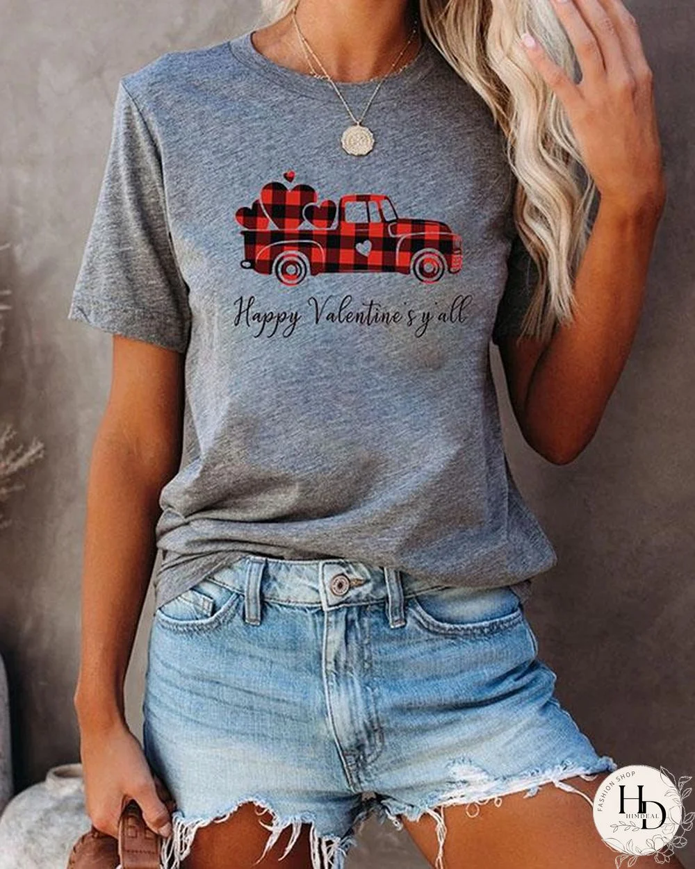 Women Plaid Printed Splicing Car Heart T-Shirt