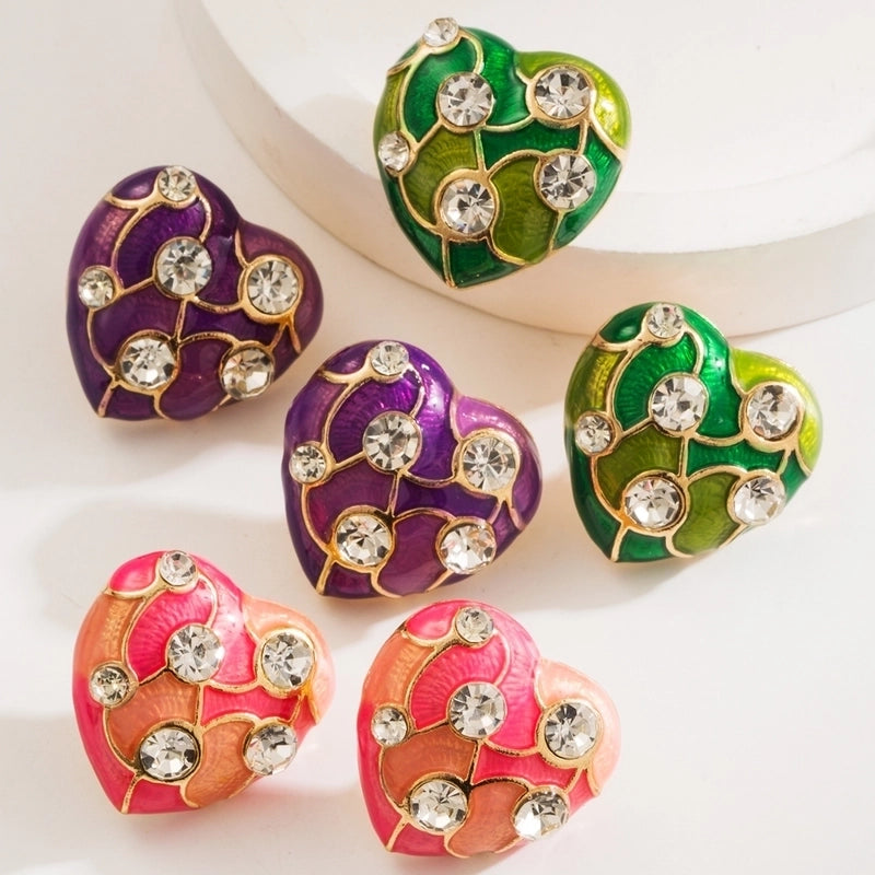 1 Pair Casual Classic Style Heart Shape Enamel Inlay Alloy Rhinestones Gold Plated Ear Studs