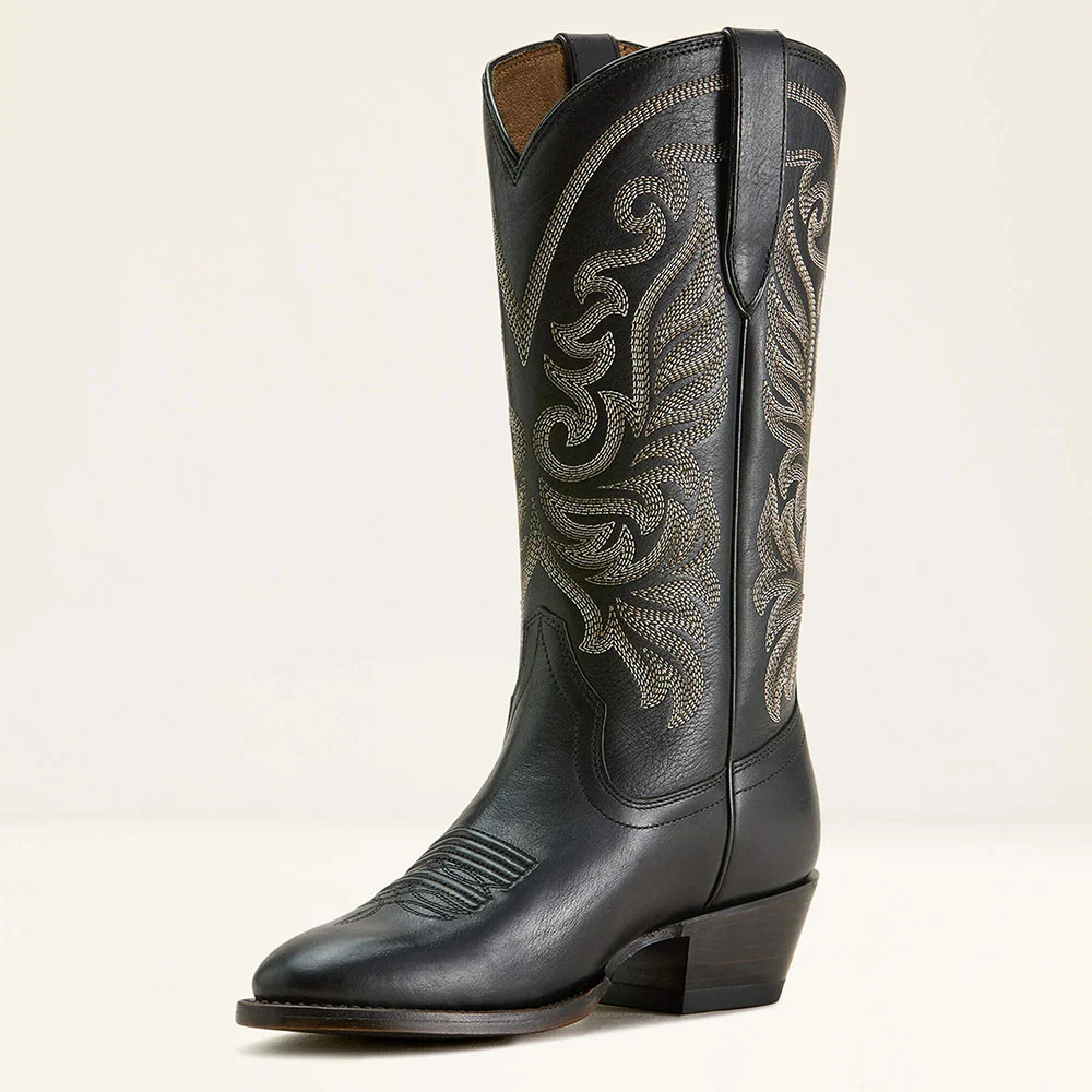 Black Round Toe Chunky Heel Mid Calf Western Boots with Embroidered