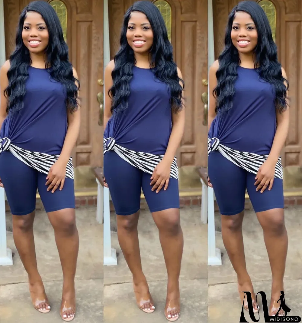 MidiSono - Casual Stripe Patchwork Sleeveless 2 Piece Shorts Set