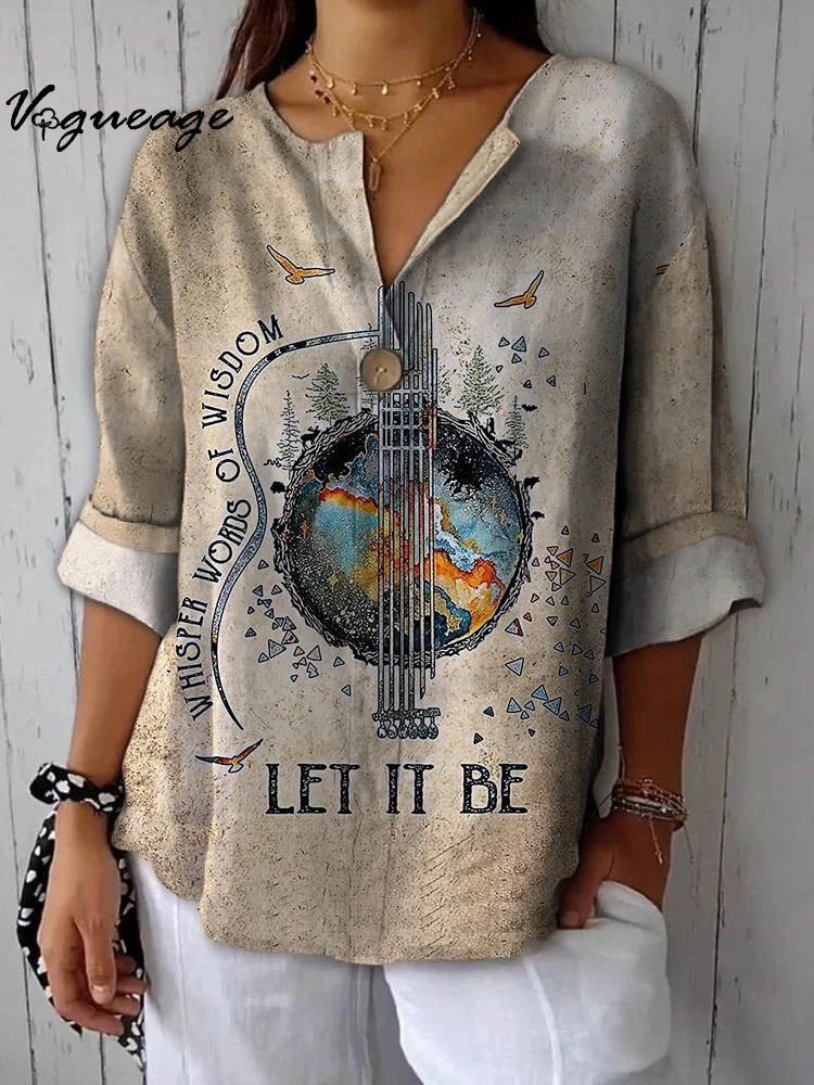 Simple Hand-Painted Colorful Guitar Peace Dove Printed Cotton And Linen Shirt