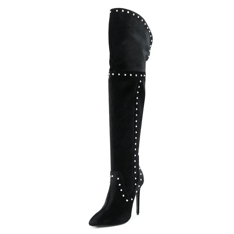Black Rhinestones Thigh High Stiletto Heel Long Boots |FSJ Shoes