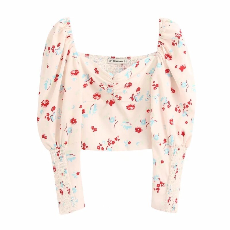 Flower Printingt Square Collar Women Slim Shirt Crop Tops 2019 Autumn Leisure Lady Puff Sleeve Blouse S6569