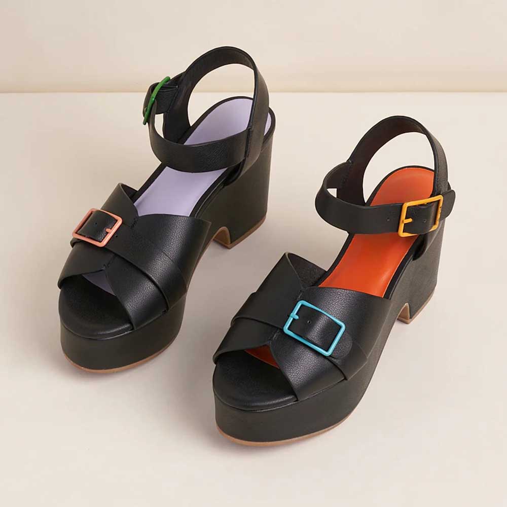 Ankle Strap Buckle Open Toe Block Heel Black Platform Sandals Nicepairs