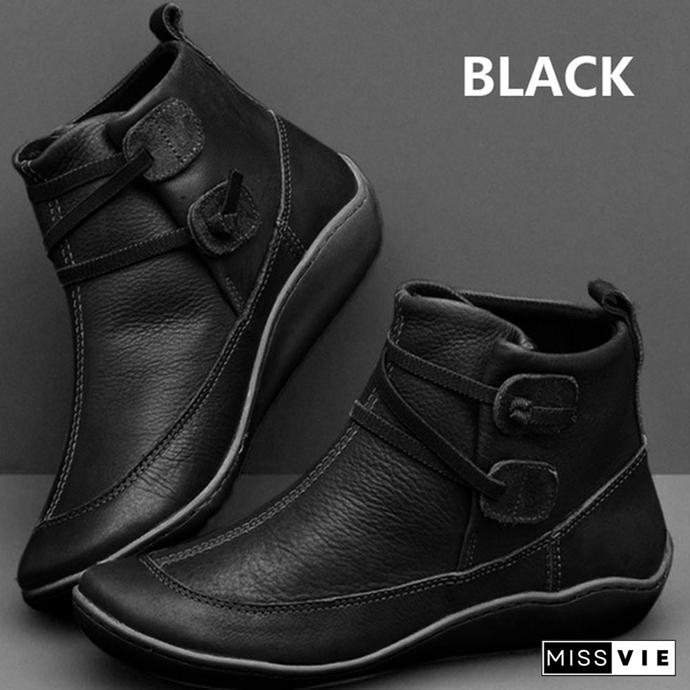 Women's Braided Strap Flat Heel All Season Boots Waterproof Leather Comfortable Flat Heel Boots Round Toe Ankle Boots