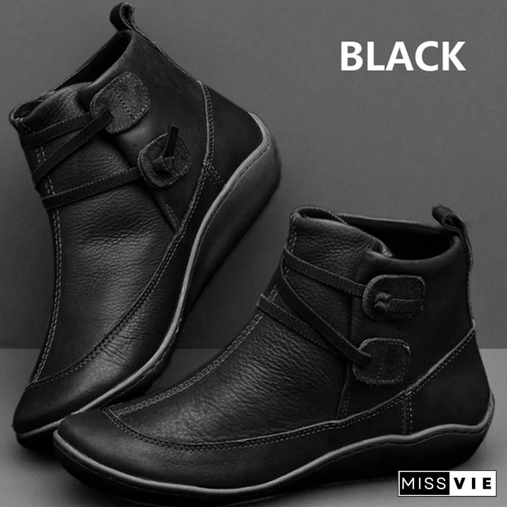 Women's Braided Strap Flat Heel All Season Boots Waterproof Leather Comfortable Flat Heel Boots Round Toe Ankle Boots