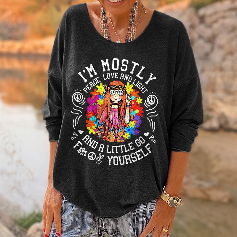 Oversized Peace Love And Light And Little Go Printed Long Sleeves T-shirt