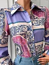 Lapel Collar Loose Retro Print Buttoned Blouses&Shirts Tops
