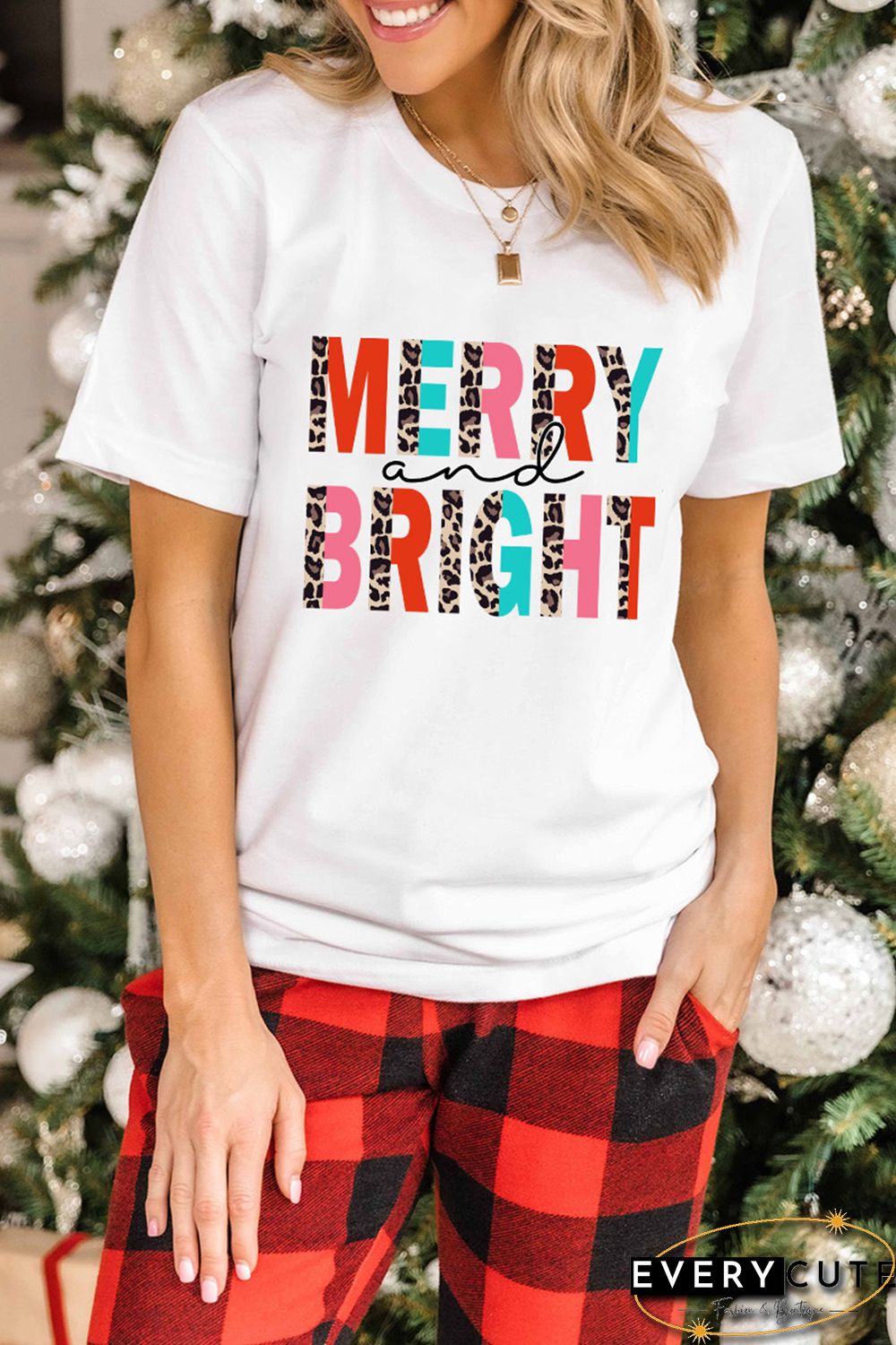 White Merry and Bright Leopard Print Short Sleeve Graphic Tee